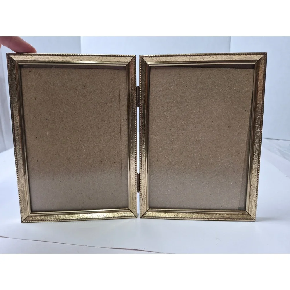 Vintage Gold Metal Double Picture Frame Folding Hinged 4x6 Tabletop etched Edge